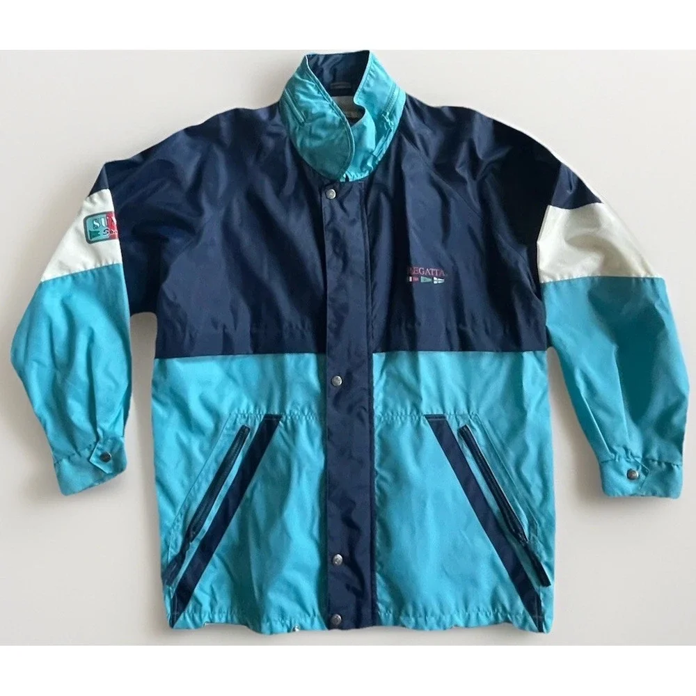 Vintage 90s Colorblock Sailing Jacket Men's‎ M Aqua Navy Windbreaker Zip Lined